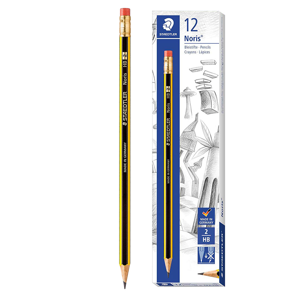 Staedtler Noris HB2 Pencils with Eraser Tip – 12-Pack for Writing & Drawing