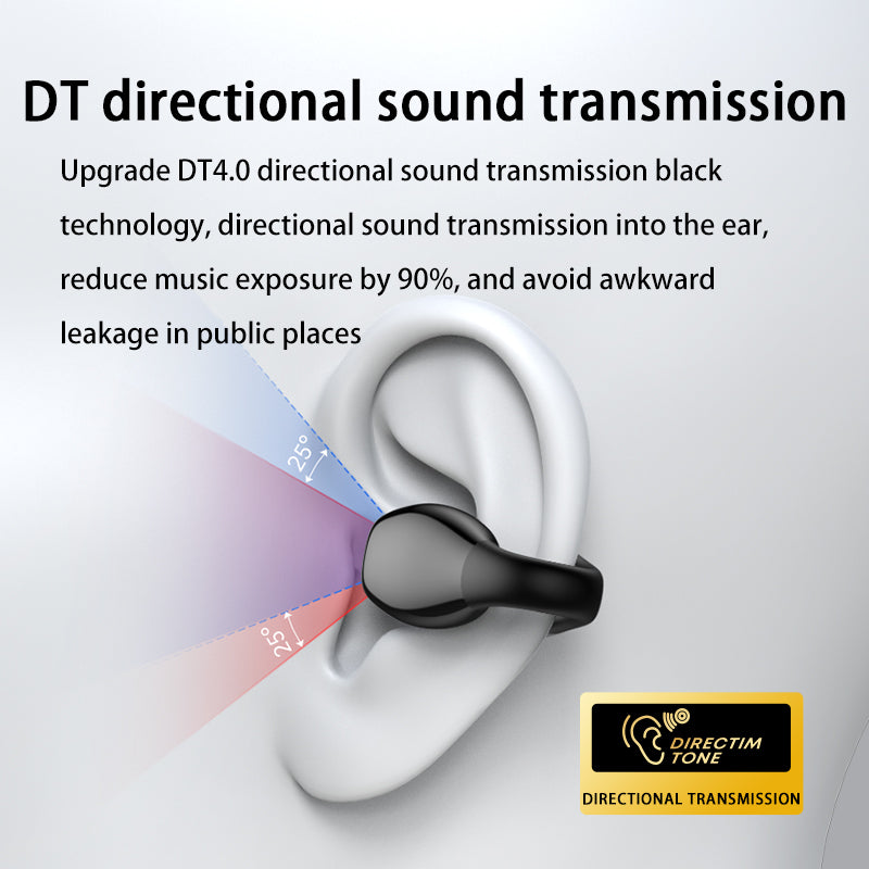 Open-ear bone conduction earbuds with wireless Bluetooth 5.3 for premium sound and comfort.